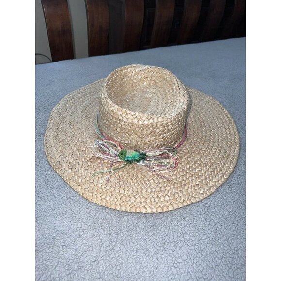 Vintage CAPPELLI  Wide Brim Straw Paper Woven Hat with Sequin Fish Detail - Picture 2 of 10